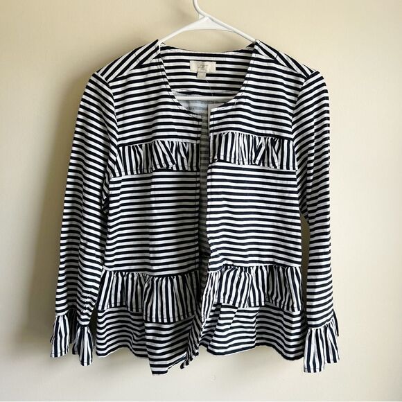 Loft Navy Blue White Striped Tiered Linen Blend Bell Sleeve Jacket NWT - Picture 1 of 5